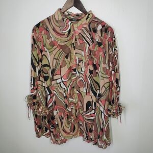 Bellisimo Sheer Abstract Geometric Button Down Top Ruffle Artsy Plus Size 3X